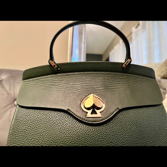 stylish backpack olive green with gold hardware and baby pink suede interior. - Picture 5 of 7